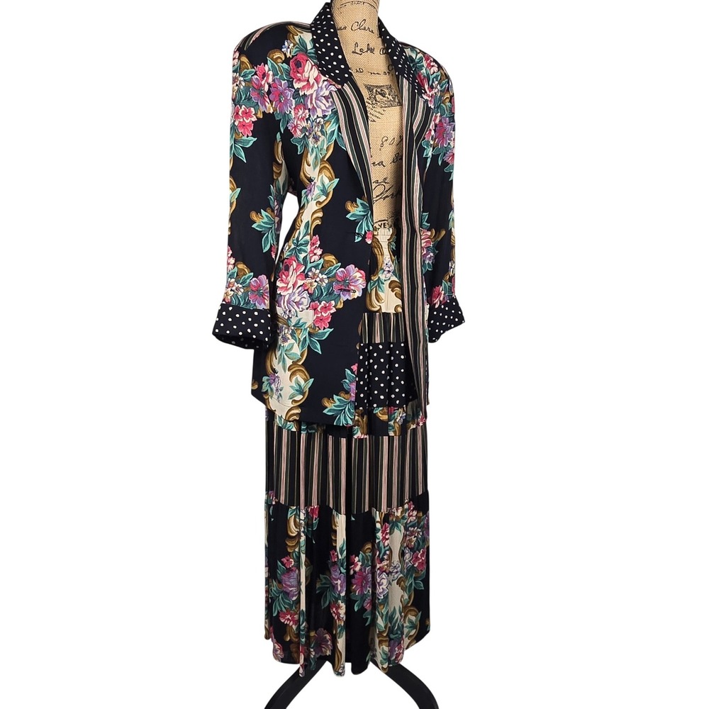 Gorgeous Vintage Carole Little Floral Mixed Print Set Blazer 10 Maxi Skirt 8 - Picture 2 of 16